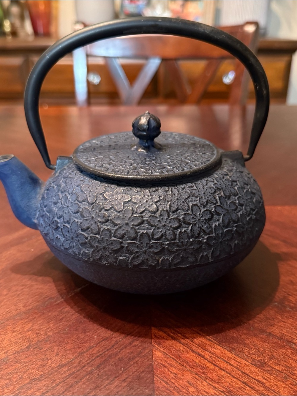 Embossed Floral Cast Iron Teapot in Deep Navy